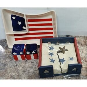 Vintage Russ Americana Flags Serving Set Dish Salt & Pepper Shaker Napkin Holder